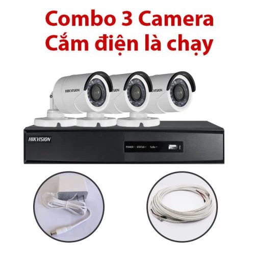 Trọn bộ 3 Camera DS-2CE16C0T-IR + Đầu ghi hình HIKVISION, có sẵn phụ kiện, cắm điện là chạy